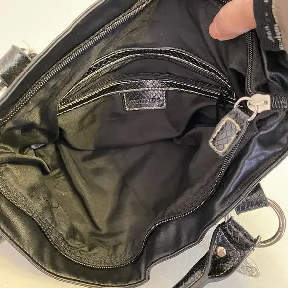 Vintage Y2K Treviso Black FauxLeather Shoulder Purse Snake Embossed Silver Logo - Picture 9 of 10